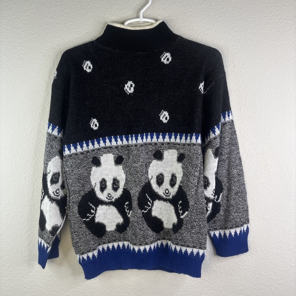 Intarsia Knit Bears Crossing Vtg 90s Panda Turtleneck Sweater Blue Accent Trim M